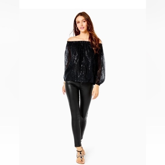 Lilly Pulitzer Emilee Long Sleeve Off Shoulder Blouse Onyx Silk Chiffon S $188 - Picture 3 of 11